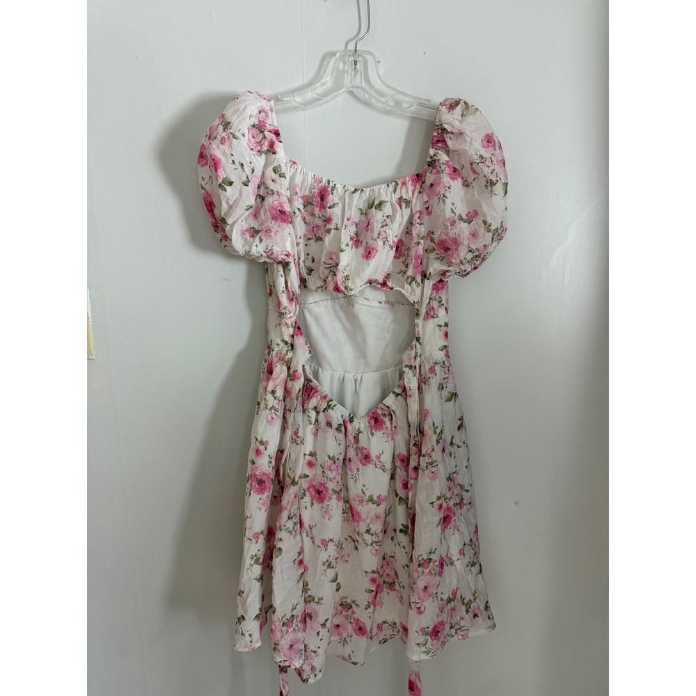 Pink Floral Puff Sleeve open Back Mini Dress XL Cottagecore milkmaid Princess XL - Picture 11 of 14